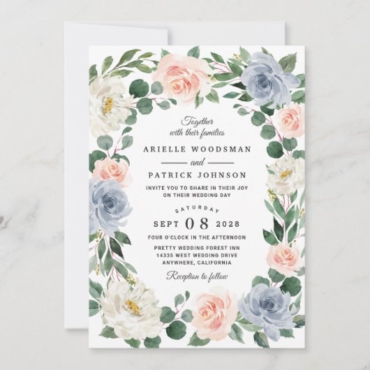 Dusty Blue Grey Blush Pink Peach Floral Wedding Einladung (Vorderseite)