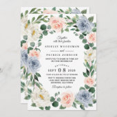Dusty Blue Grey Blush Pink Peach Floral Wedding Einladung (Vorne/Hinten)