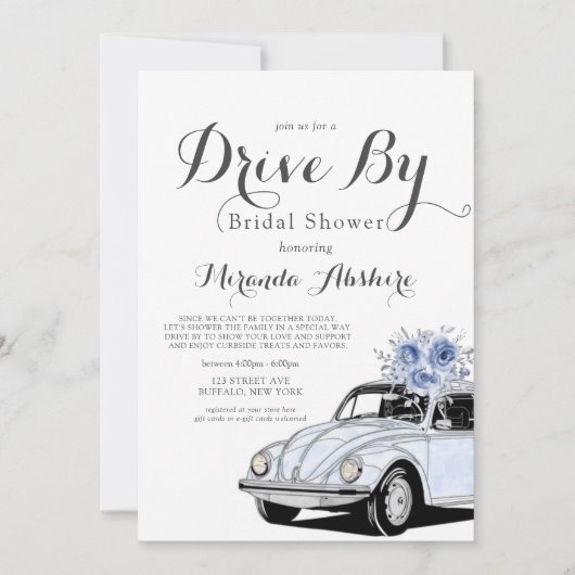 Dusty Blue Grey Floral Car Drive by Brautparty Einladung (Vorderseite)