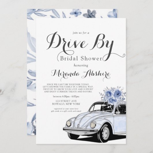 Dusty Blue Grey Floral Car Drive by Brautparty Einladung (Vorne/Hinten)