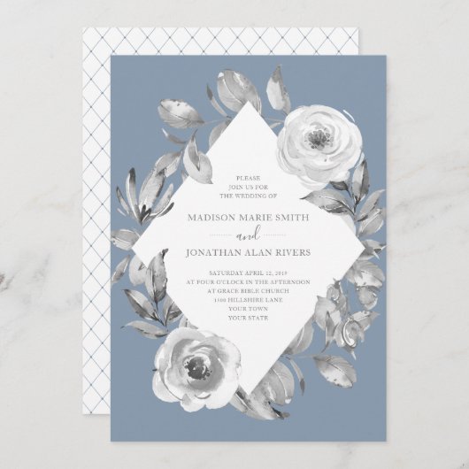 Dusty Blue Grey Floral Diamond Wedding Einladung (Vorne/Hinten)