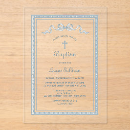 Dusty Blue Griechisch Frame Bow Taufe Acryleinladungen