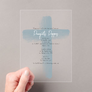 Dusty Blue Griechisch Orthodox Christening Boy Tau Acryleinladungen