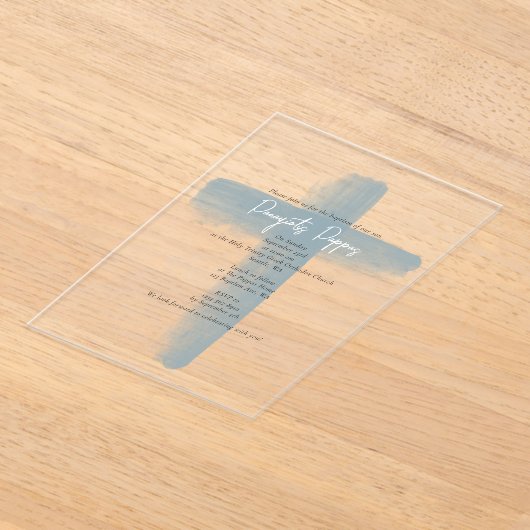 Dusty Blue Griechisch Orthodox Christening Boy Tau Acryleinladungen (Ablage )