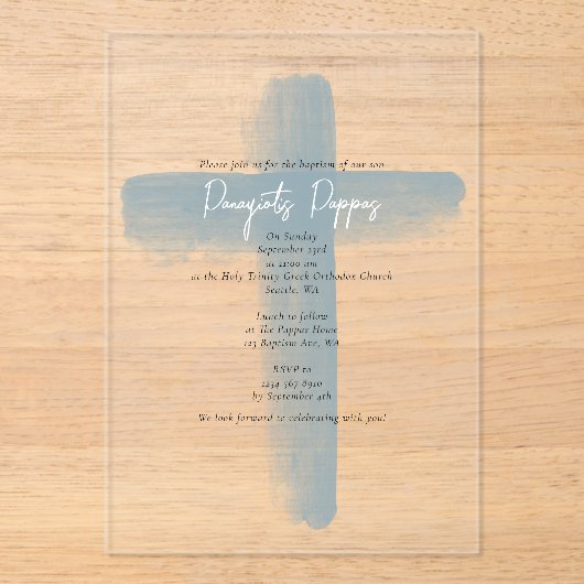 Dusty Blue Griechisch Orthodox Christening Boy Tau Acryleinladungen (Vorderseite)