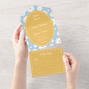 Dusty Blue Groovy Daisy 70er Bright Yellow Wedding All In One Einladung
