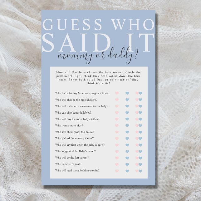 Dusty Blue Guess, der sagte, es Baby Dusche Spiel (Minimalist, simple Guess Who Said It baby shower game in dusty blue)