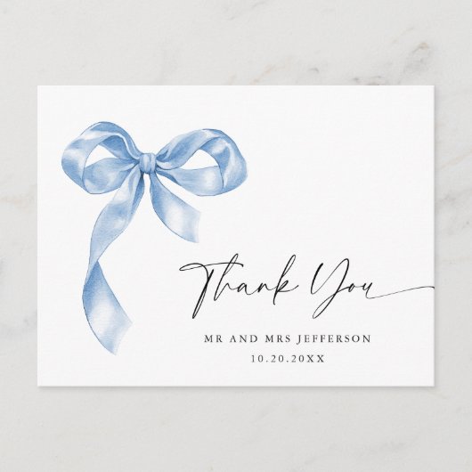 Dusty Blue Hand Drawn Bow Wedding Vielen Dank Postkarte (Vorderseite)