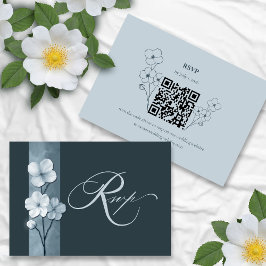 Dusty Blue Hand Drawn Floral QR Code RSVP Karte