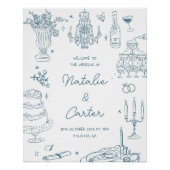 Dusty Blue Hand Drawn Whimsical Wedding Poster (Vorderseite)