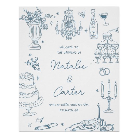 Dusty Blue Hand Drawn Whimsical Wedding Poster (Vorderseite)