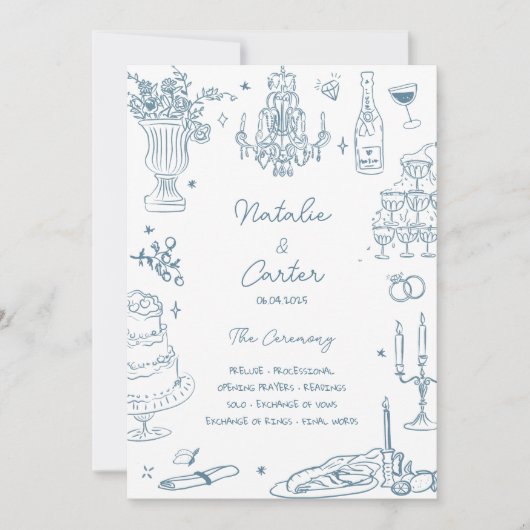 Dusty Blue Hand Drawn Whimsical Wedding Program Einladung (Vorderseite)