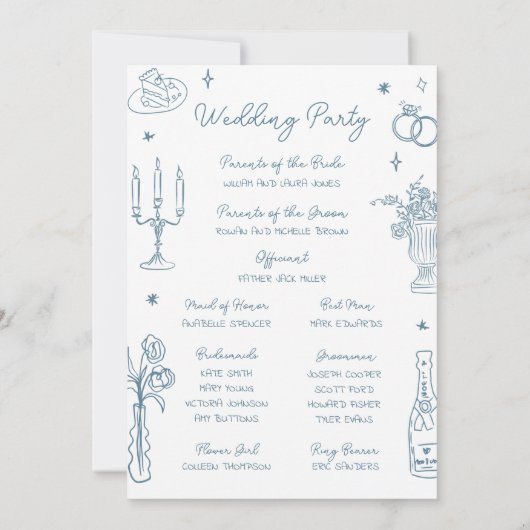 Dusty Blue Hand Drawn Whimsical Wedding Program Einladung (Rückseite)