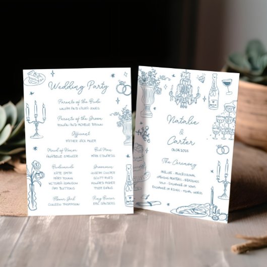 Dusty Blue Hand Drawn Whimsical Wedding Program Einladung