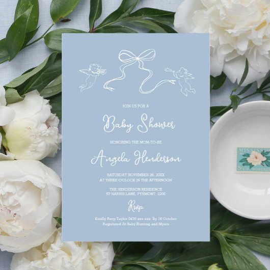 Dusty Blue Hand gezeichnete Babydusche Einladung