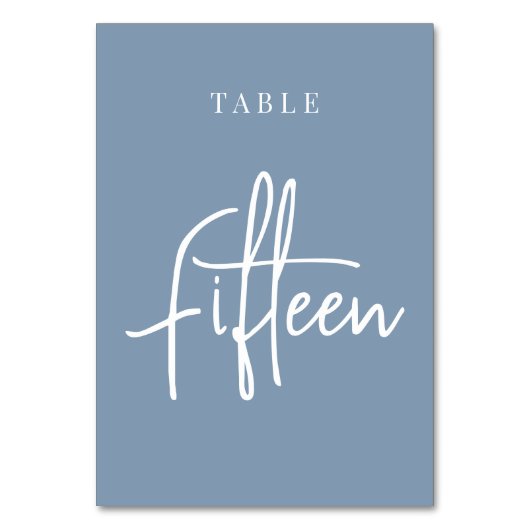 Dusty Blue Hand Scripted Table FIFTEEN Tischnummer (Vorderseite)