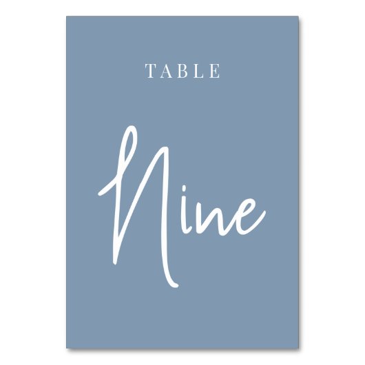 Dusty Blue Hand Scripted Table NINE Tischnummer (Vorderseite)
