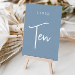 Dusty Blue Hand Scripted Table TEN Tischnummer<br><div class="desc">Einfache und schicke Tischnummer-Karten in Dusty Blue und Weiß machen eine elegante Aussage bei Ihrer Hochzeit oder Veranstaltung. Das Design bietet "table [number]" in einem spannenden Mix aus klassischen Serifen und handgeschriebenen Skripten. Design wiederholt sich auf beiden Seiten. Einzelne nummerierte Karten werden separat verkauft; bestellen Sie jede Tischnummer einzeln aus...</div>