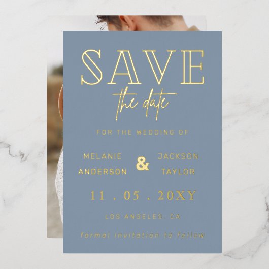 Dusty Blue Handgeschriebenes Script-Foto Save the Folieneinladung (Vorderseite/Rückseite)