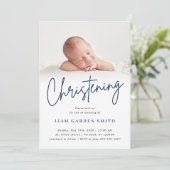 Dusty Blue Handwriting Script Christening Boy Einladung (Stehend Vorderseite)