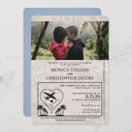 Dusty Blue Hawaii Passport Hochzeit Einladung (Vorne/Hinten)