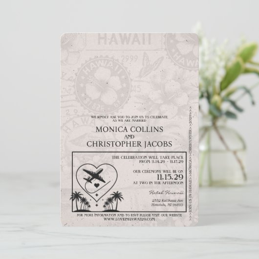 Dusty Blue Hawaii Passport Hochzeit Einladung (Stehend Vorderseite)