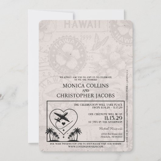 Dusty Blue Hawaii Passport Hochzeit Einladung (Vorderseite)