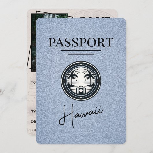Dusty Blue Hawaii Passport Save the Date (Vorne/Hinten)