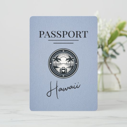 Dusty Blue Hawaii Passport Save the Date (Stehend Vorderseite)