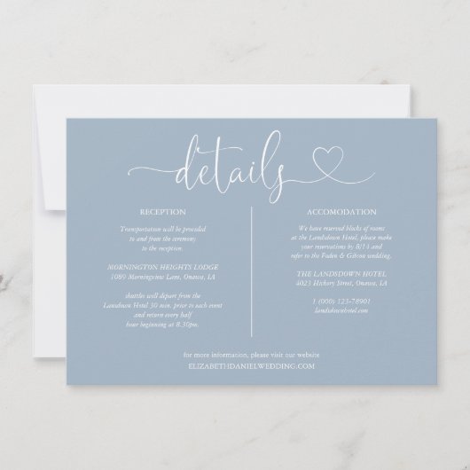 Dusty Blue Heart Script Details Card Einladung (Vorderseite)