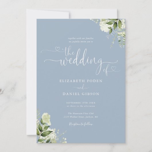 Dusty Blue Heart Script Foliage Foto Wedding Einladung (Vorderseite)