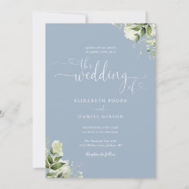 Dusty Blue Heart Script Foliage Foto Wedding Einladung