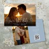 Dusty Blue Heart Script Foto Wedding QR Code Save The Date