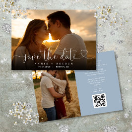 Dusty Blue Heart Script Foto Wedding QR Code Save The Date