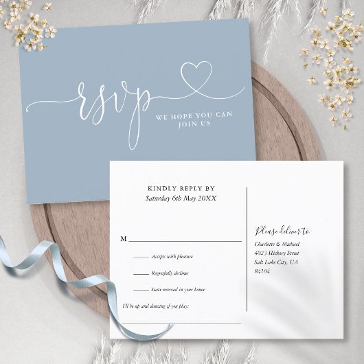 Dusty Blue Heart Script Song Request RSVP Card Einladungspostkarte