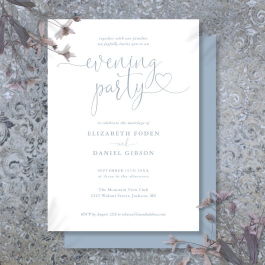 Dusty Blue Heart Script Wedding Abend Party Einladung
