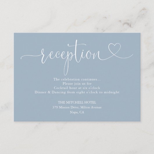 Dusty Blue Heart Script Wedding Reception Begleitkarte (Vorderseite)