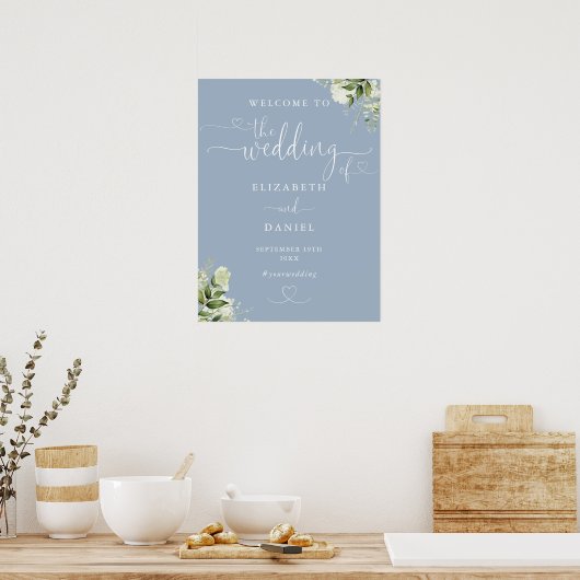 Dusty Blue Heart Script Wedding Welcome Sign Poster (Küche)