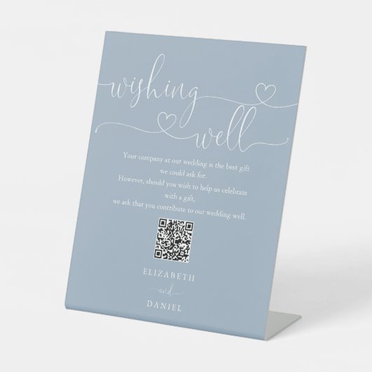 Dusty Blue Heart Script wünscht QR Code Sockelschild (Vorderseite)