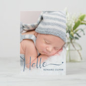 Dusty Blue Hello Baby Foto Geburtserklärung Ankündigung (Stehend Vorderseite)