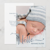 Dusty Blue Hello Baby Foto Geburtserklärung Ankündigung (Vorne/Hinten)