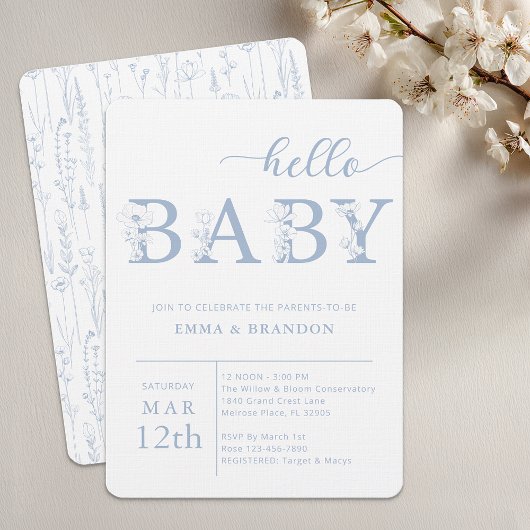 Dusty Blue Hello Baby Wildflower Invitation Einladung