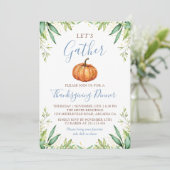 Dusty Blue Herbst Pumpkin Erntedank Dinner Einladung (Stehend Vorderseite)