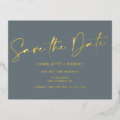 Dusty Blue Hochzeit speichern Sie das Datum Skript Folie Einladungspostkarte (Vorderseite)