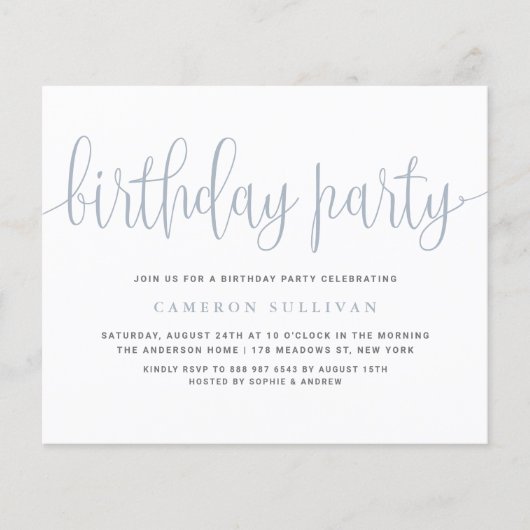 Dusty Blue Hübsch Calligraphy Einladung zum Geburt (Vorderseite)