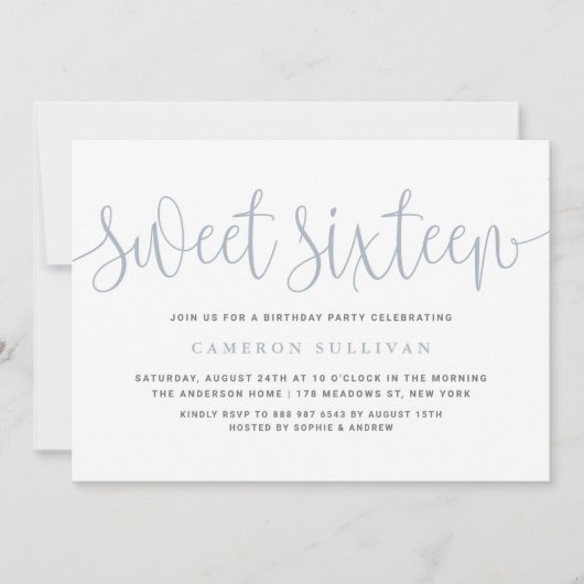 Dusty Blue Hübsch Calligraphy Sweet 16 Party Einladung (Vorderseite)