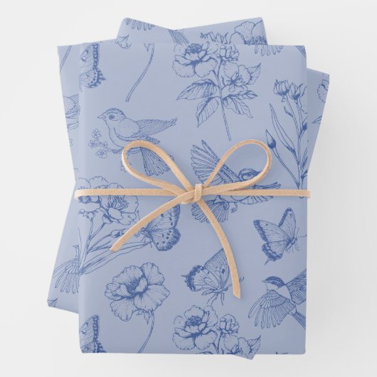 Dusty Blue Hummingbird & Butterfly Floral Wrapping Geschenkpapier Set (Beispiel)