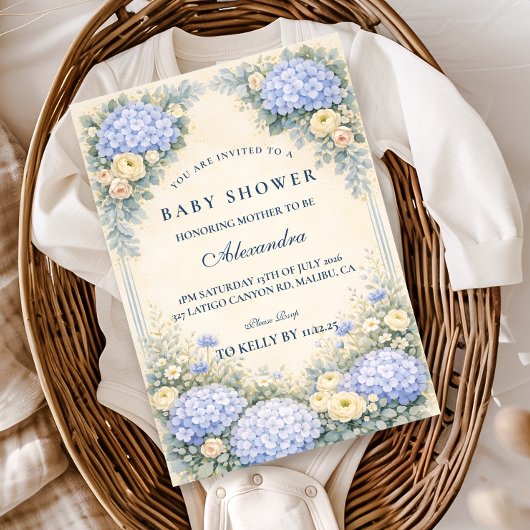 Dusty Blue Hydrangea Baroque Floral Baby Shower Einladung