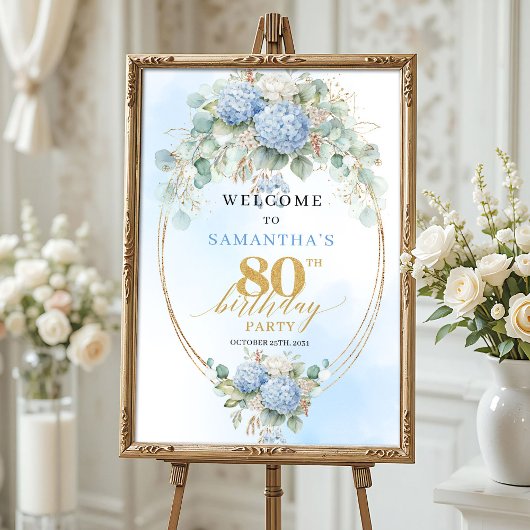 Dusty Blue Hydrangea Boho Floral 80th birthday  Poster