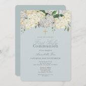 Dusty Blue Hydrangea Erste Heilige Kommune Einladung (Vorne/Hinten)